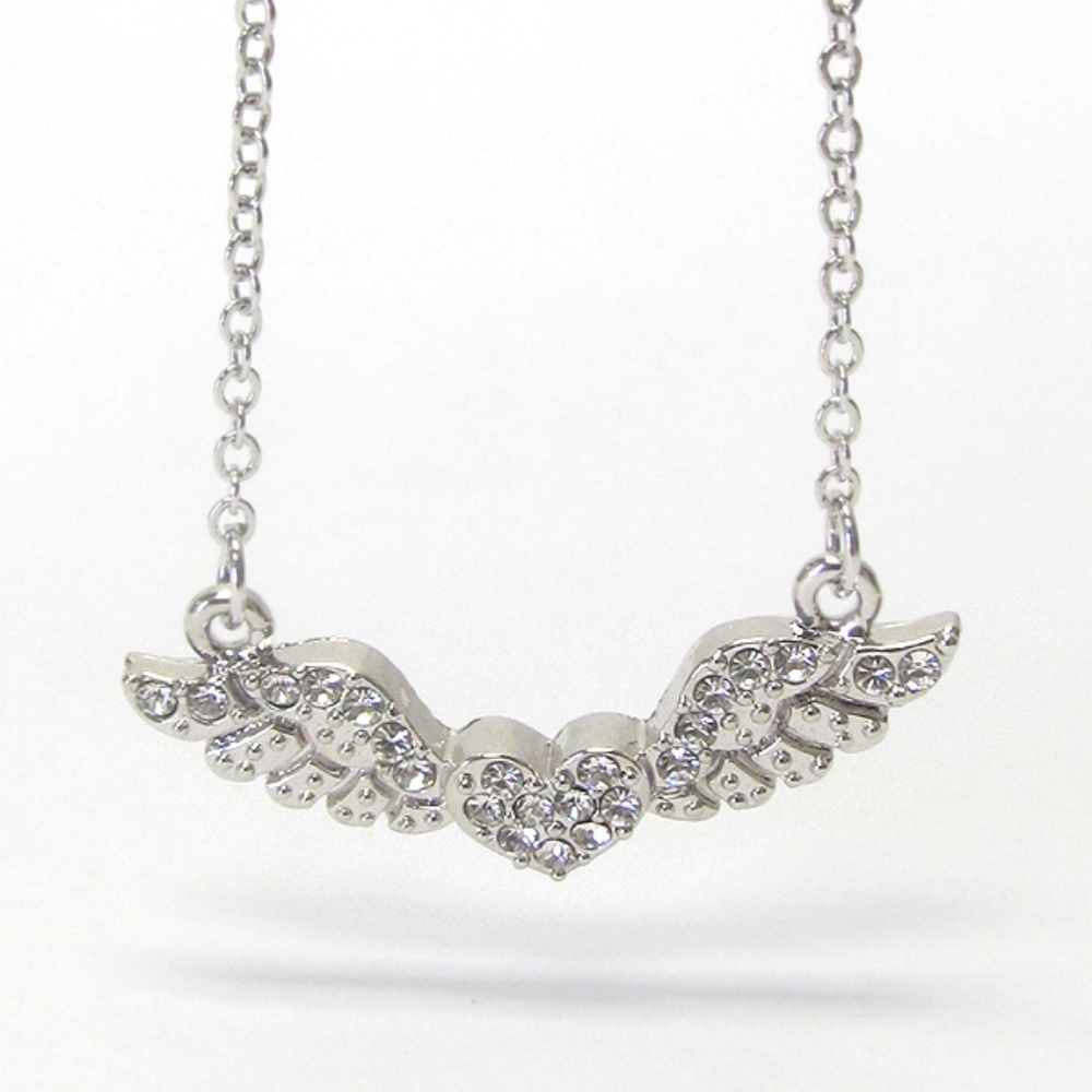 Heart  Wings Necklace Crystal Silver Plated